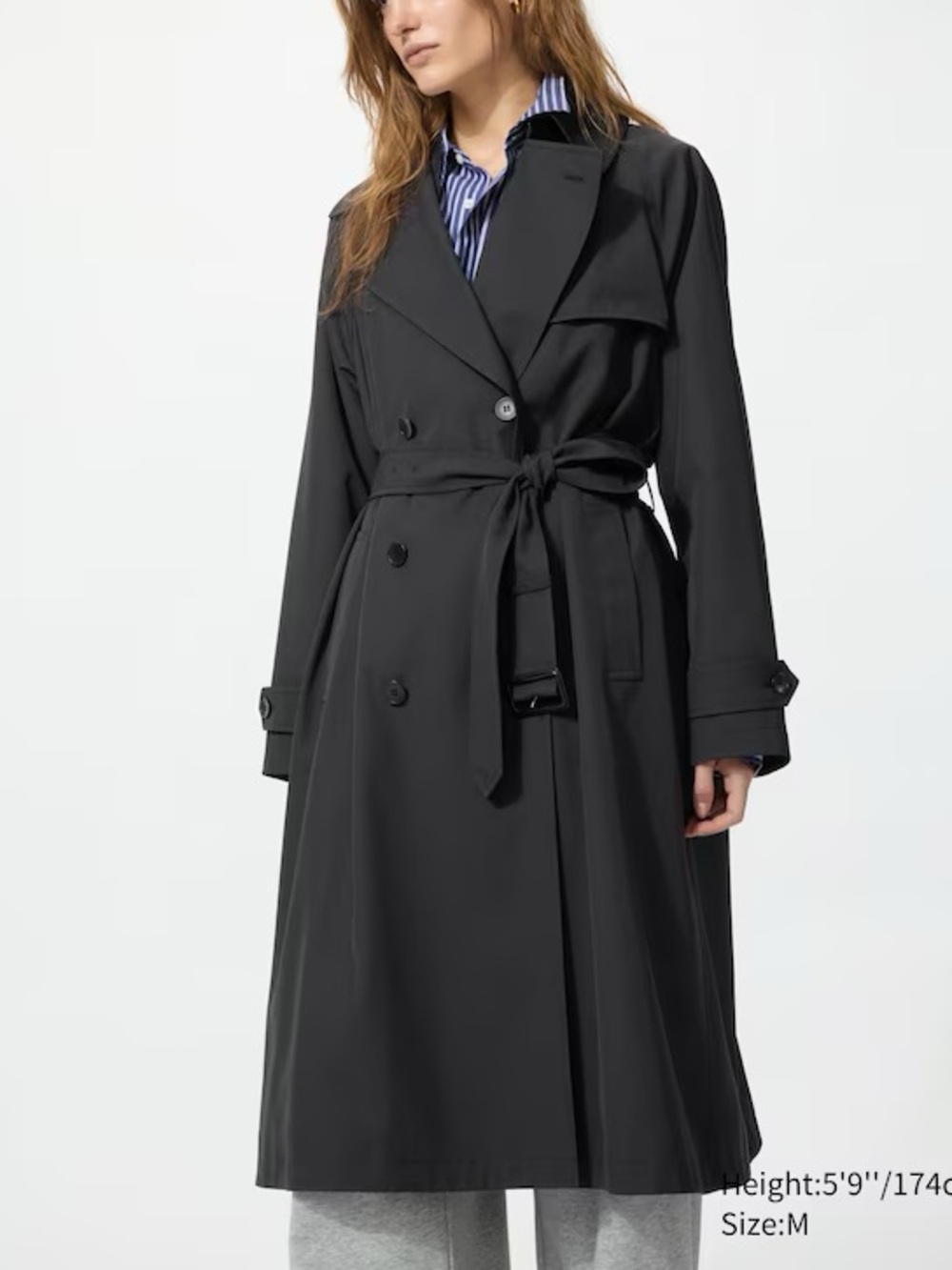 Uniqlo Black Cotton Double Breasted Structured Chic Long Trench Coat w Belt SM - Picture 2 of 13